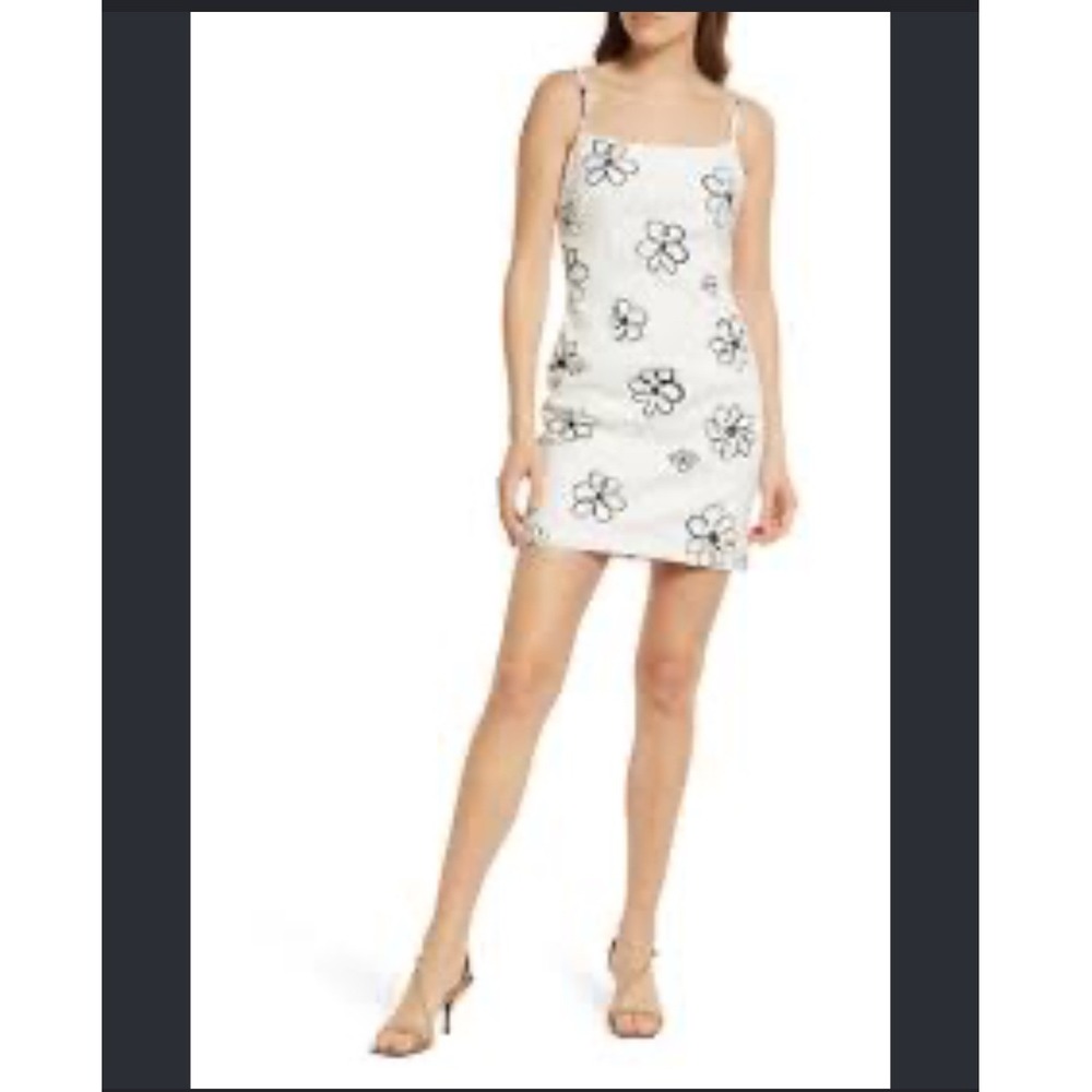 Reformation Delphina Mini Dress White/Black Doddle Floral Denim Bachelorette 0